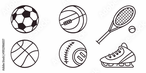 Black and white sports including soccer ball and tennis racket sports soccer ball