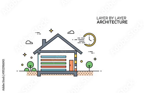 Layer by layer architecture stylized house cross section revealing clean stacked print lines and a subtle clock icon suggesting fast build time, conveying