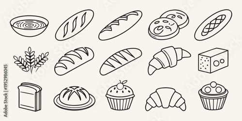 Black line baked goods and collection bread pastries muffins cheese