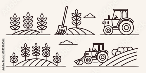 Black line farming and collection tractor plants shovel hills