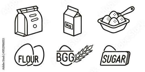 Black and white line of baking ingredients line black and white flour sugar