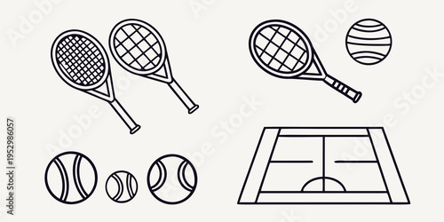 Black line of tennis rackets and balls on court tennis balls tennis court