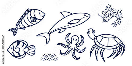 Blue line sea creatures and collection fish dolphin shrimp turtle
