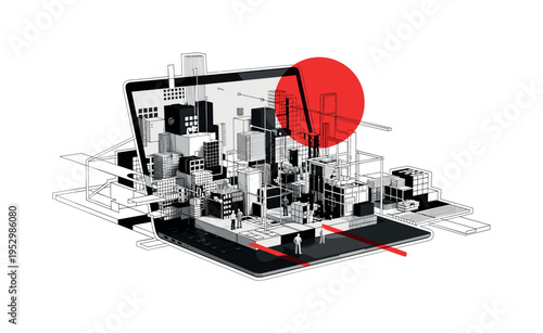 black and white laptop open with miniature human figures standing inside the screen, abstract blocks and lines forming structured digital architecture, bold