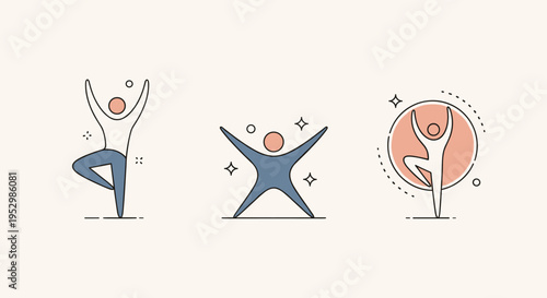 A minimalist illustration featuring three energetic yoga poses with modern line art and soft color accents, ideal for wellness themes