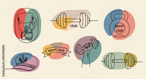 A collection of fitness-themed line drawings featuring weights, plants, and sports club elements in a minimalist style