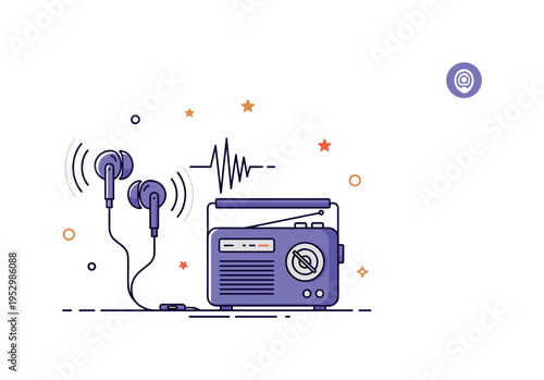 Podcast listening and radio broadcast modern earbuds with subtle audio waves paired with a retro radio device, symbolizing technological transformation in