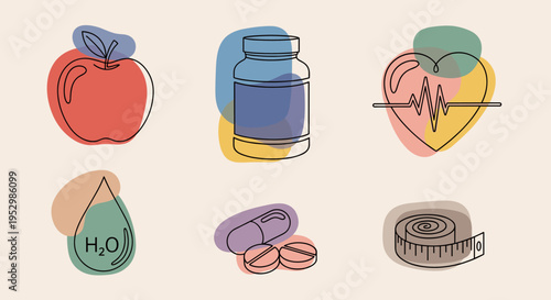 A colorful illustration featuring health-related icons including an apple, pills, and a heartbeat, in a modern, minimalist style