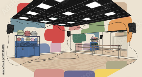 A vibrant dance studio illustration featuring colorful walls, mirrors, and sound equipment in a modern flat style