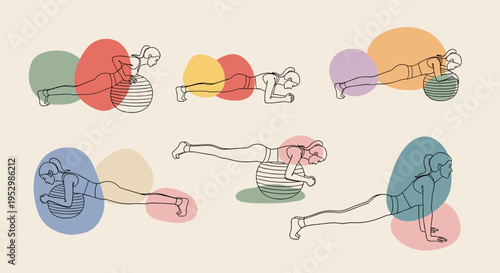 A collection of line art illustrations depicting various push-up exercises with a fitness ball, minimalist style