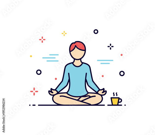 Meditation break seated figure in simple lotus pose with subtle calm lines around, conveying inner stillness and mental clarity during a quiet pause.