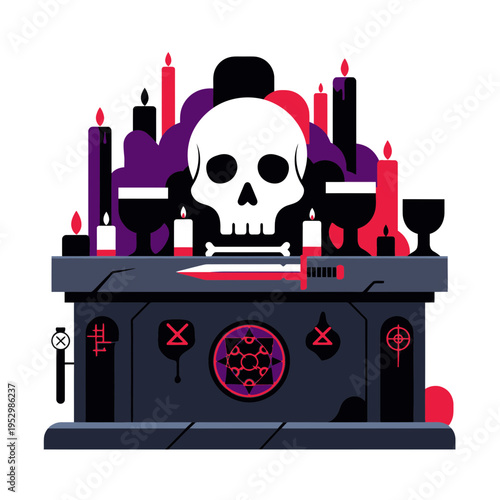 Altar with skull candles and goblets on a dark background.