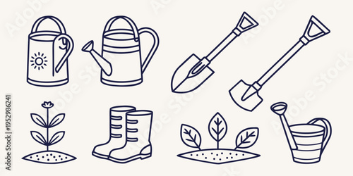 Gardening tools and plants line watering can shovel trowel