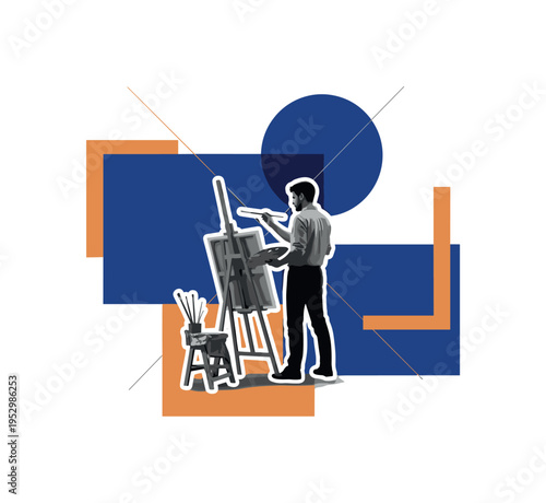 Black and white realistic artist standing in a studio holding a paintbrush, canvas visible in front, cut-out effect with white outline around the figure and