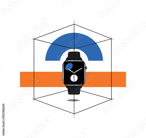 Black and white smartwatch placed inside open geometric frame cube, bold blue semicircle framing the watch face, orange horizontal stripe grounding the