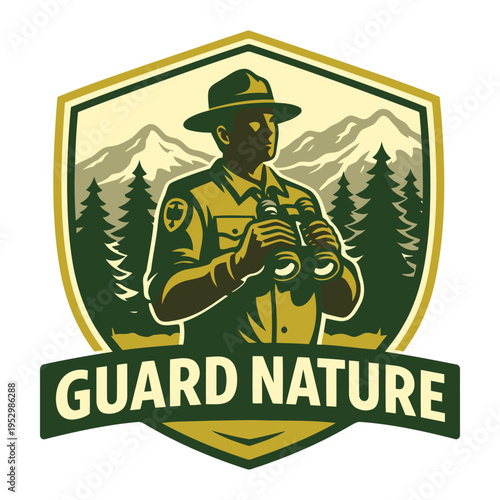 Illustration of a park ranger holding binoculars with scenic mountain and forest backdrop design vector