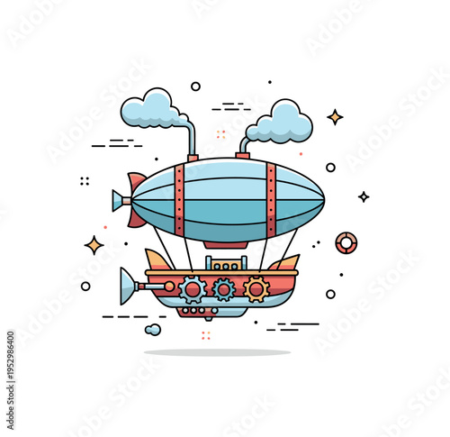 Steampunk airship adventure centered on a small dirigible with visible gears and steam puffs, suggesting exploration, invention and alternative industrial