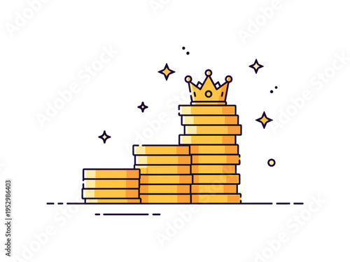 Golden treasure pile neat stack of coins with a small crown resting on top, conveying wealth, reward and achievement. Minimalist flat vector illustration,