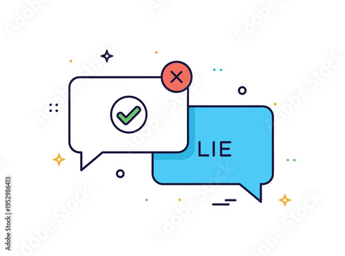 Truth versus lie contrast concept illustrated by two side by side chat bubbles with one highlighted by a check mark and the other marked with a subtle cross.