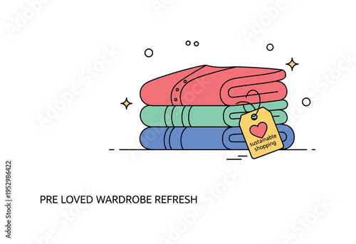 Pre loved wardrobe refresh illustration featuring folded clothes neatly stacked beside a small heart tag expressing appreciation for sustainable shopping.