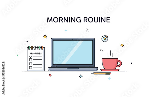 Morning routine of a freelancer featuring a simple laptop beside a cup of coffee and small task list labeled Priorities, symbolizing self management and