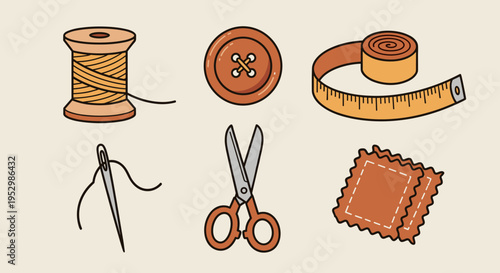 A collection of sewing tools including thread, scissors, buttons, and measuring tape in a flat design style