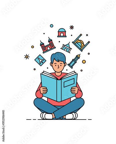 Travel guide reading moment capturing a person sitting cross-legged with an open guidebook, small landmark icons rising above the pages to suggest imagination