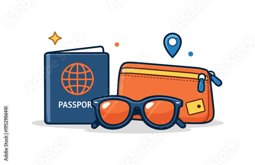 Travel accessories essentials shown through a neatly arranged passport holder, sunglasses, and pouch forming a balanced visual cluster, representing