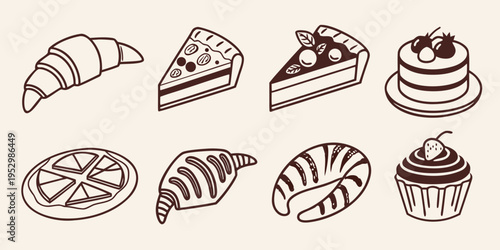 Various types of baked goods and desserts croissant cake cupcake pastry
