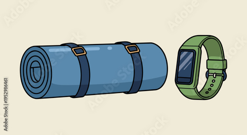 A rolled camping mat alongside a smart watch, illustrated in a flat style, perfect for outdoor and adventure themes