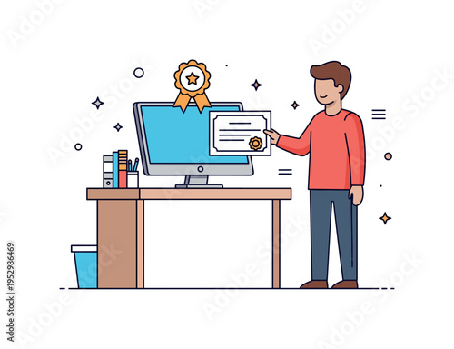 Digital skills certification confident specialist at a tidy desk receiving a virtual certificate icon floating above the screen, expressing recognition,