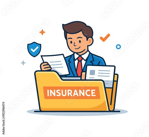Insurance agent policy folder centered on a calm character reviewing documents inside a labeled folder, conveying clarity, responsibility, and careful policy