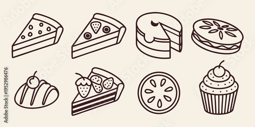 Various Desserts and Sweets Line cakes cupcakes muffins