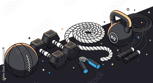 A collection of fitness equipment including dumbbells, a kettlebell, a medicine ball, and ropes in a modern flat style