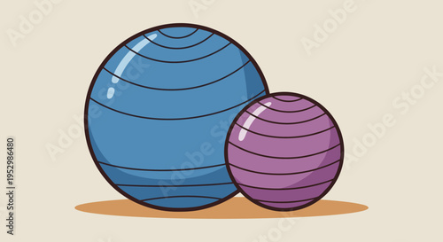 Two stylized exercise balls in blue and purple, featuring a minimalist design and smooth lines