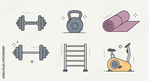 A collection of fitness equipment icons including weights, kettlebell, exercise mat, and stationary bike in a minimalist style