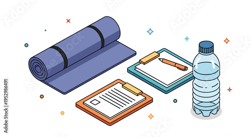 A collection of fitness essentials including a yoga mat, water bottle, notepad, and pen in a modern, flat design