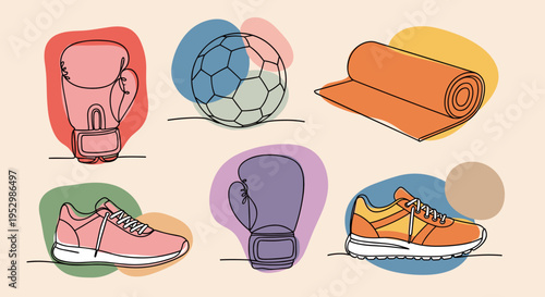 A colorful collection of sports equipment including boxing gloves, a soccer ball, yoga mat, and running shoes in a modern illustration style