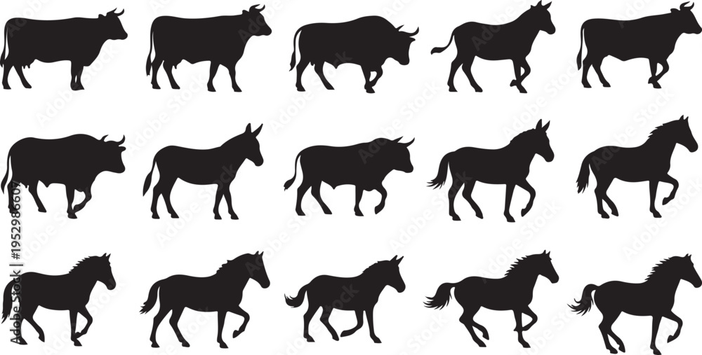 Fototapeta premium Silhouette of various horse poses in motion