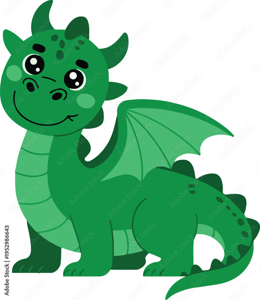 Obraz premium Cute green cartoon dragon with large eyes and a smiling expression