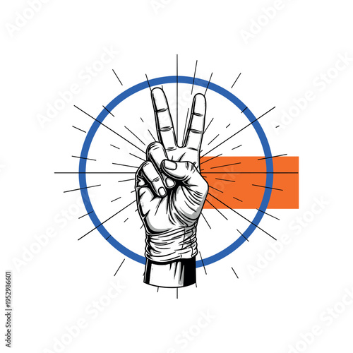 Black and white gloved hand forming a peace sign gesture, vivid cobalt blue circular frame element, bright orange rectangular accent block offset to one side,