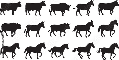 Silhouette of various horse poses in motion