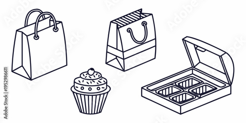 Black and white line of cupcake and shopping bags cake box line black and white bakery