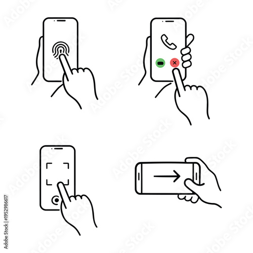 Illustrative handdrawn icons showing smartphone gestures and functions with finger interactions and screen taps isolated
