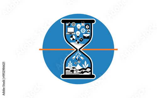 Black and white hourglass where the top chamber contains geometric office icons and the bottom chamber contains abstract waves and plant shapes, bold blue