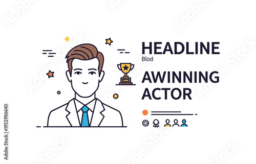Award winning actor magazine feature featuring a cover layout with a formal portrait outline and a tiny trophy icon near the headline block, symbolizing