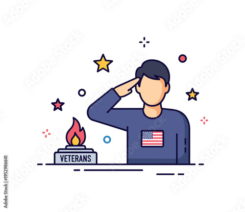 Veterans day tribute saluting silhouette beside a small memorial flame and star accents, conveying gratitude and remembrance. Minimalist flat vector
