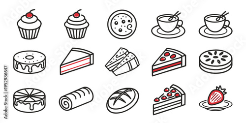 Black line of various desserts and coffee line black cake cupcake