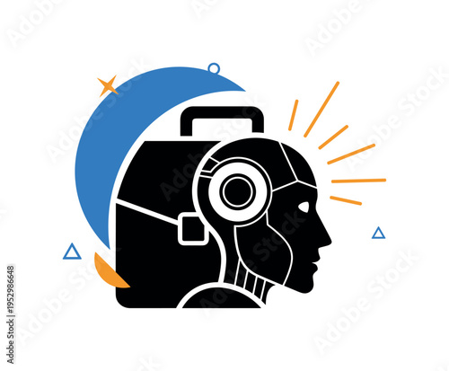 Black and white robotic head icon integrated into a briefcase symbol, bright electric blue semicircle anchoring the upper section like a knowledge halo, thin