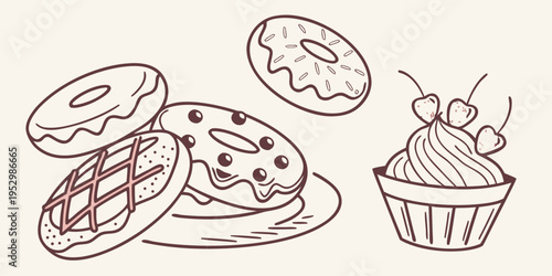 Brown line of donuts and a cupcake on a plate line baked goods sweets